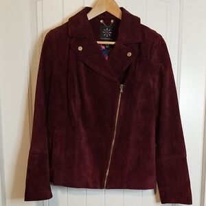 Isaac Mizrahi Deep burgundy Red Real Suede Leather Jacket W/Pockets Size 12